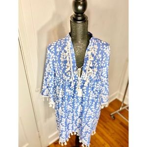 Blue & White Floral Mini Dress with Tassels Sz S